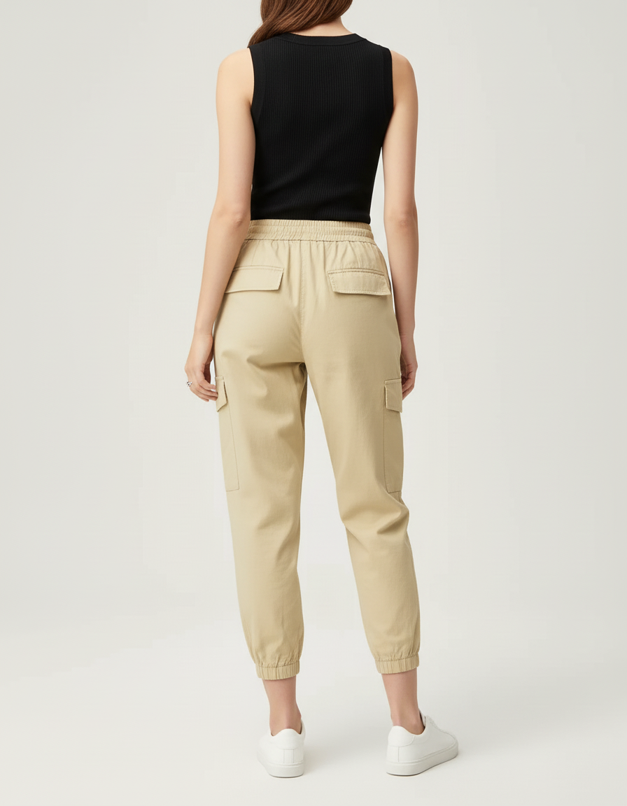 Pantalon Beige Cargo Décontracté Taille Haute Élastique Femme - Toile - vue 2
