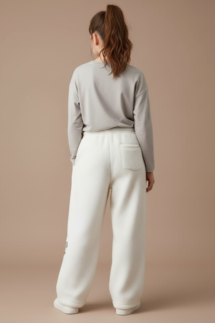 Pantalon Beige Polaire Brodé Chien Ample Hiver - Blanc Molleton - vue 2