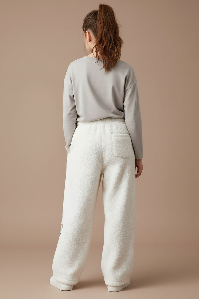 Pantalon Beige Polaire Brodé Chien Ample Hiver - Blanc Molleton - vue 2