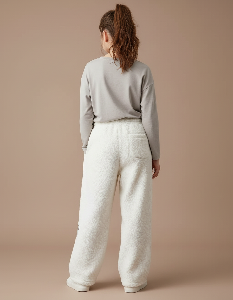 Pantalon Beige Polaire Brodé Chien Ample Hiver - Blanc Molleton - vue 2