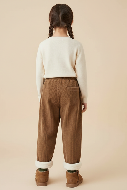Pantalon Beige Côtelé Ample Molletonné Enfant Hiver - Marron Cordé - vue 2