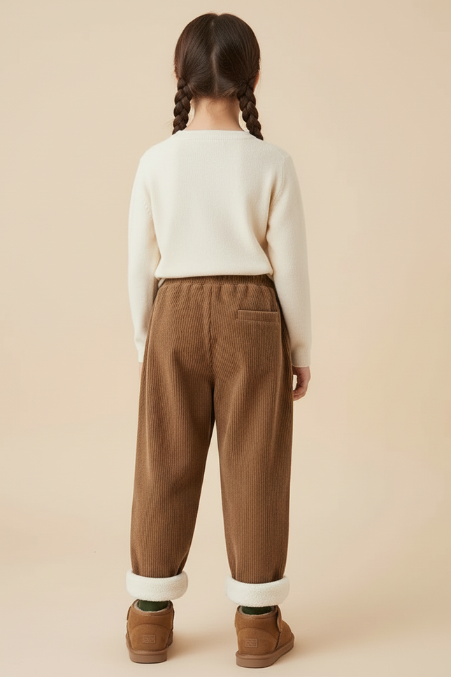 Pantalon Beige Côtelé Ample Molletonné Enfant Hiver - Marron Cordé - vue 2