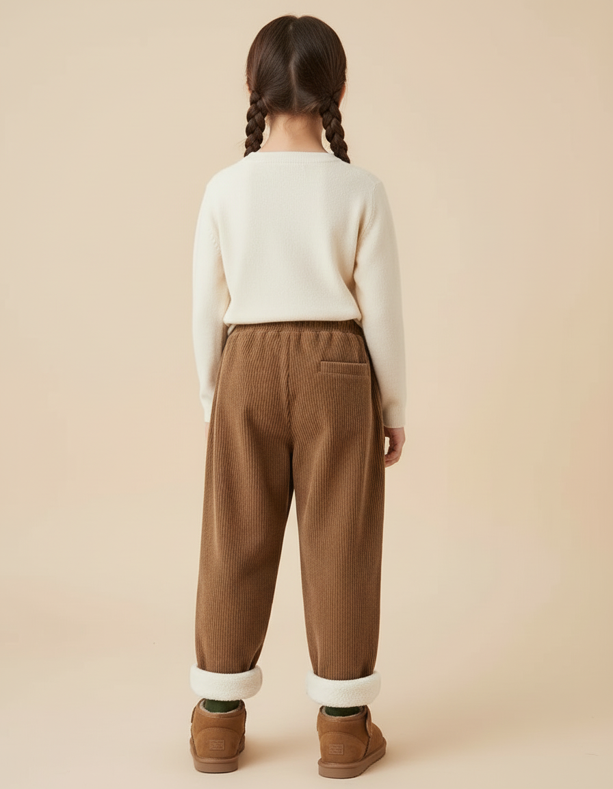 Pantalon Beige Côtelé Ample Molletonné Enfant Hiver - Marron Cordé - vue 2