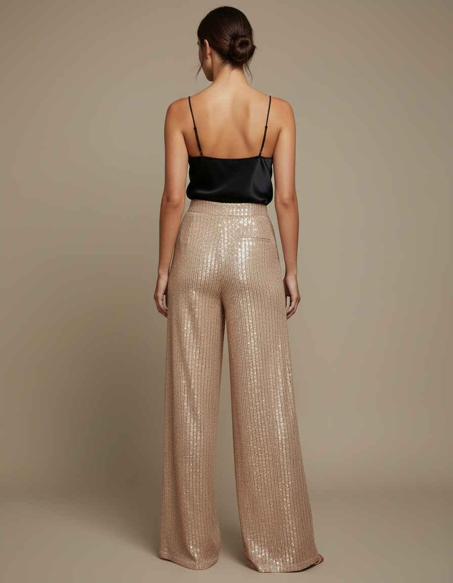 Pantalon Beige Pailleté Large Fluide Élégant Femme - Doré Polyester - vue 2