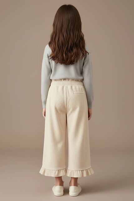 Pantalon Beige Côtelé Brodé Volants Ample Fille - Cordé - vue 2