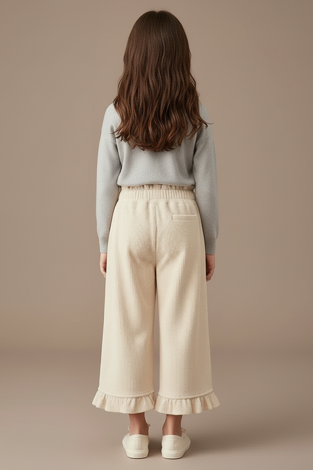 Pantalon Beige Côtelé Brodé Volants Ample Fille - Cordé - vue 2