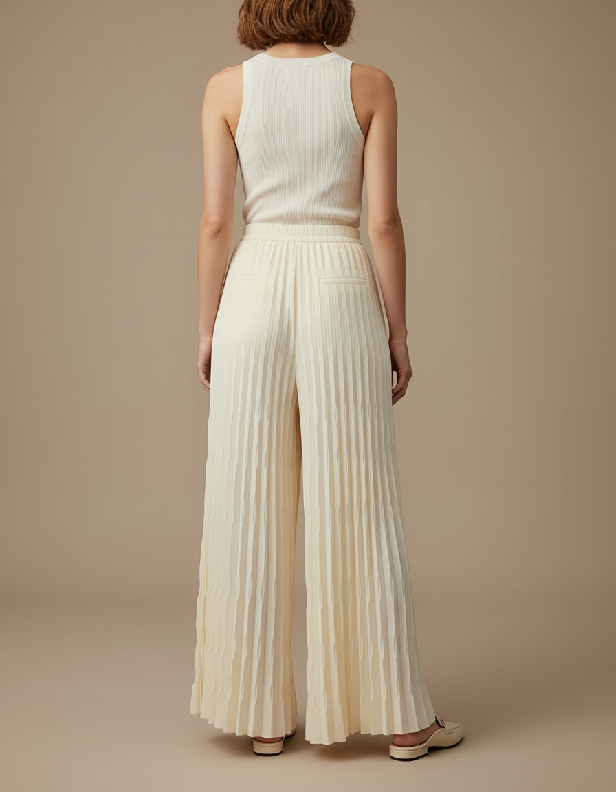Pantalon Beige Plissé Fluide Ample Élégant - Polyester - vue 2