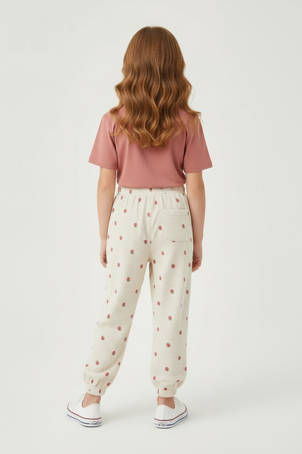 Pantalon Beige Côtelé Fraises Élastiqué Enfant - Cordé - vue 2