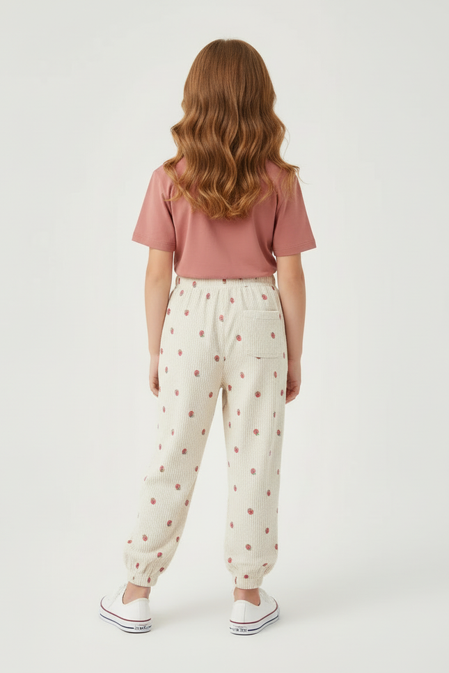 Pantalon Beige Côtelé Fraises Élastiqué Enfant - Cordé - vue 2