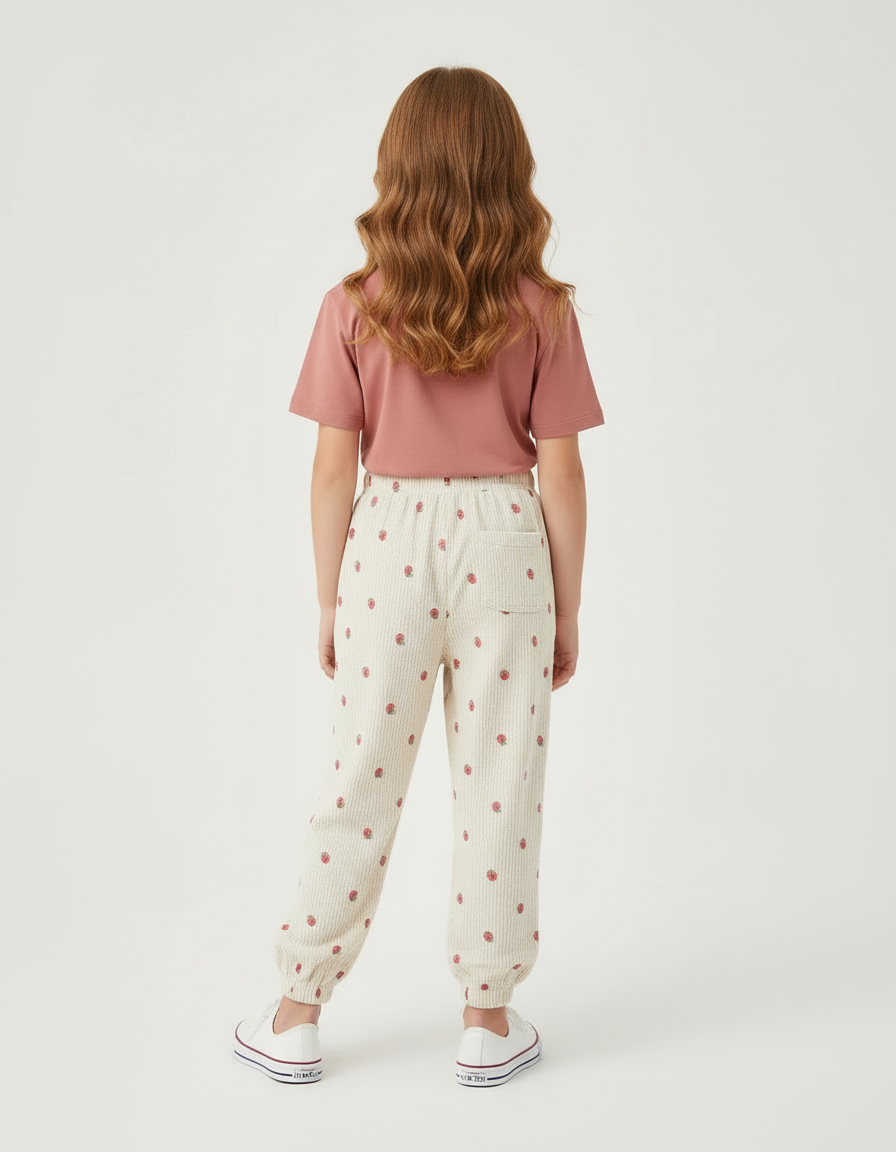 Pantalon Beige Côtelé Fraises Élastiqué Enfant - Cordé - vue 2