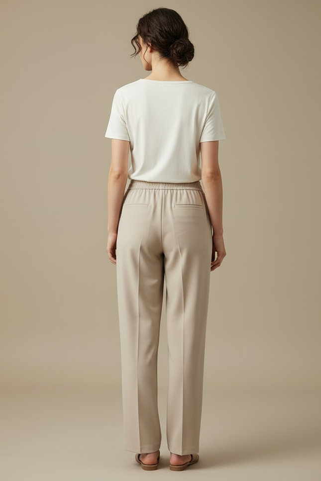 Pantalon Beige Fluide Ample Taille Élastique Décontracté Élégant - Viscose - vue 2