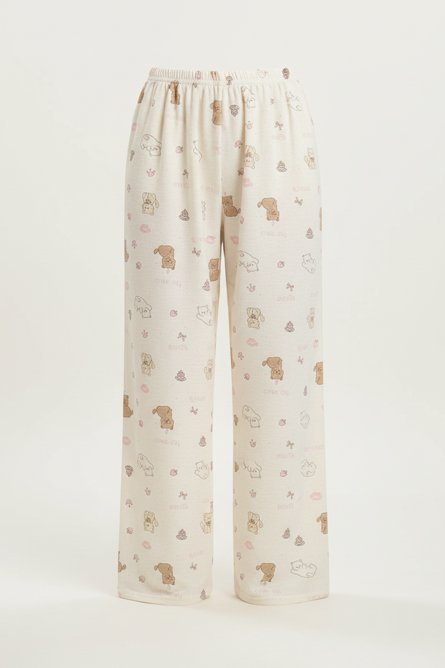 Pantalon Beige Ample Imprimé Dessins Animés Décontracté Coton - vue 2