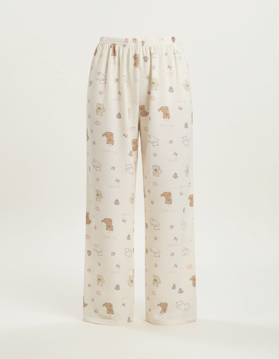 Pantalon Beige Ample Imprimé Dessins Animés Décontracté Coton - vue 2