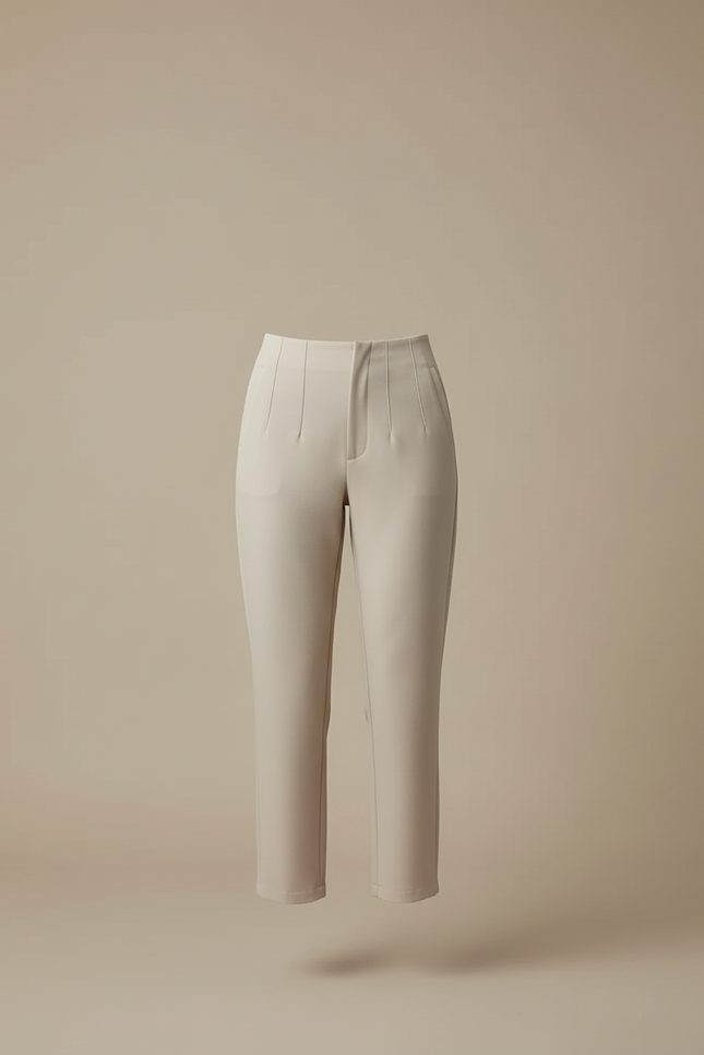 Pantalon Beige Taille Haute Plissé Droit Élégant Femme - Polyester - vue 3