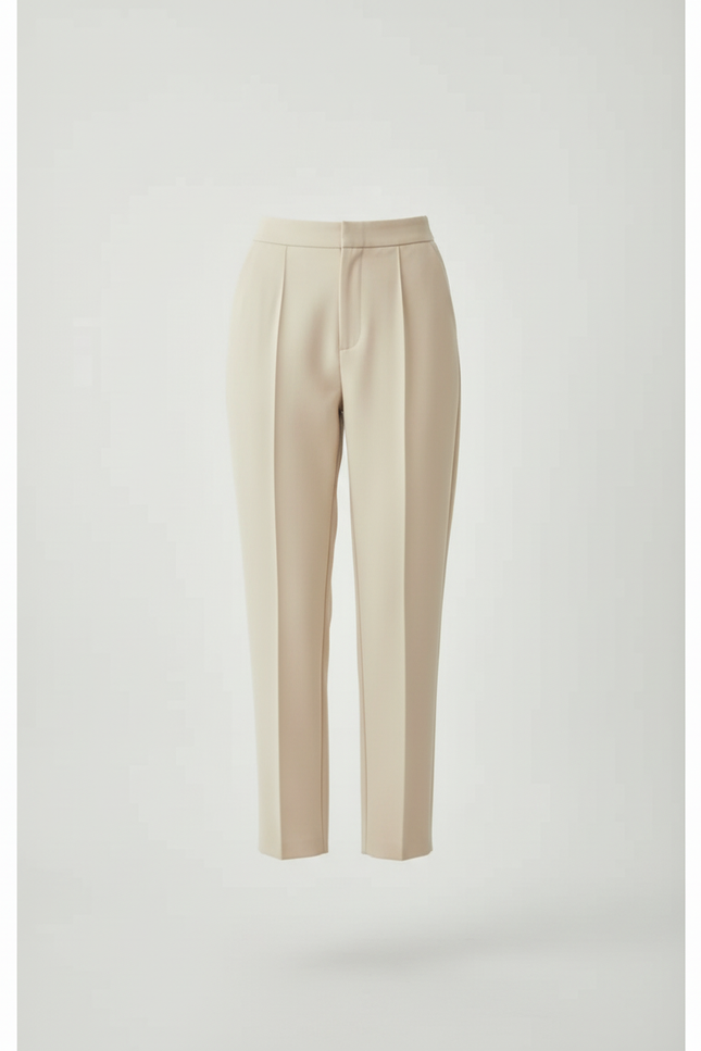 Pantalon Beige Élégant Plissé Taille Haute Femme - Gabardine - vue 3