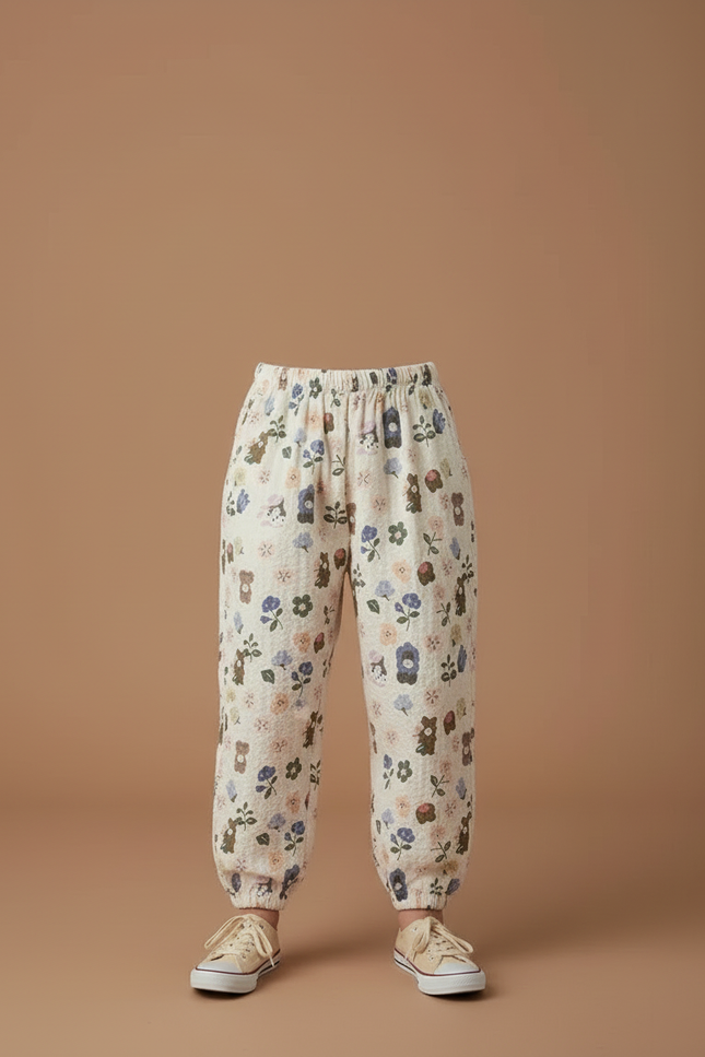 Pantalon Beige Imprimé Floral Ample Coton Enfant - vue 3