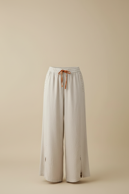 Pantalon Beige Lin Ample Taille Haute Femme - vue 3