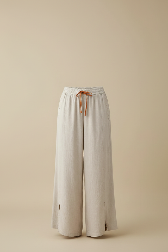 Pantalon Beige Lin Ample Taille Haute Femme - vue 3