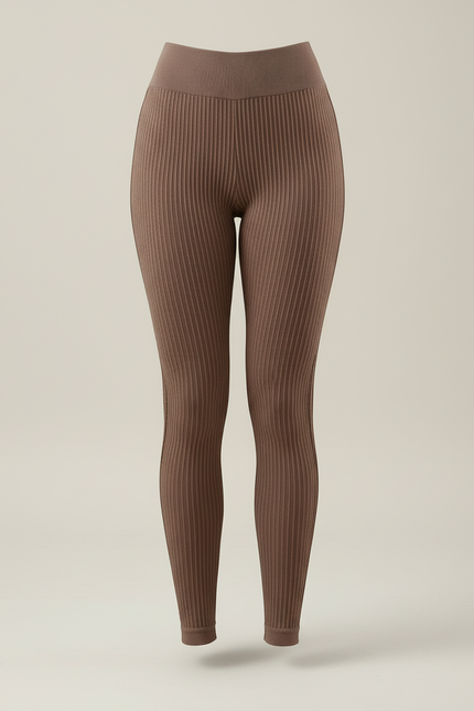Pantalon Beige Côtelé Taille Haute Moulant Yoga - Marron Maille - vue 3