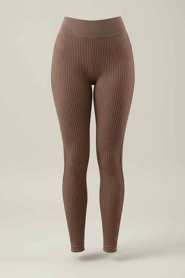 Pantalon Beige Côtelé Taille Haute Moulant Yoga - Marron Maille - vue 3