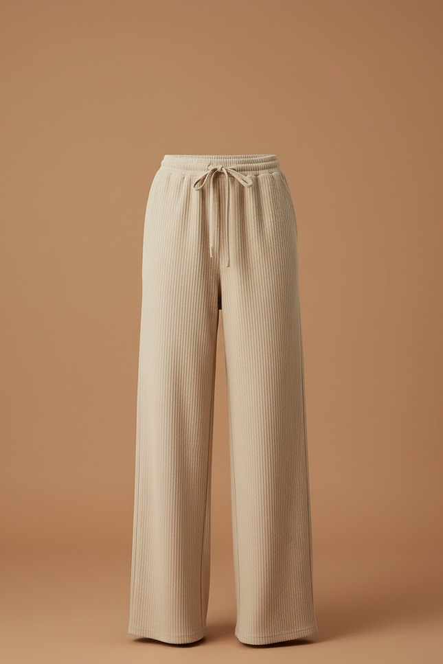 Pantalon Beige Côtelé Large Taille Haute Confortable - Cordé - vue 3