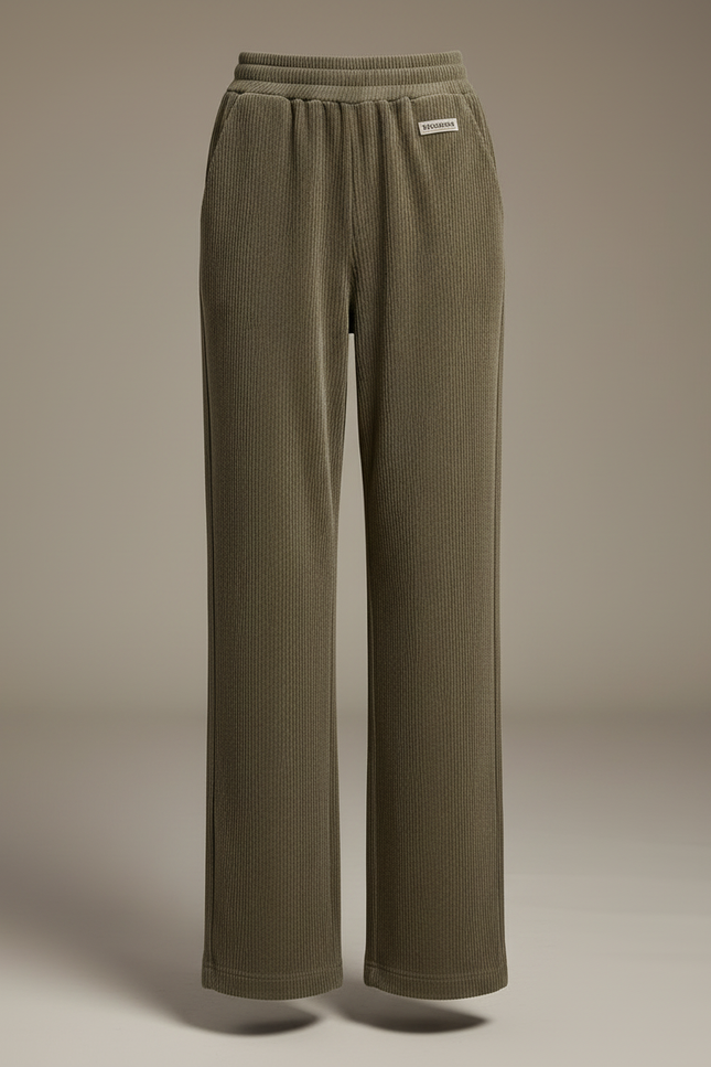 Pantalon Beige Côtelé Ample Décontracté Élastique - Kaki Cordé - vue 3