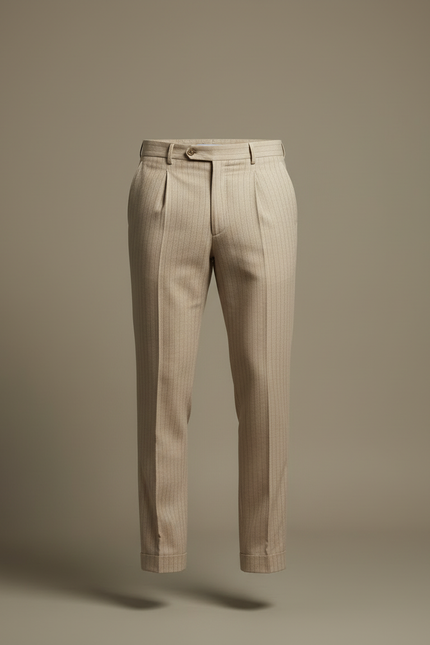 Pantalon Beige Plissé Rayé Élégant Homme - Laine - vue 3