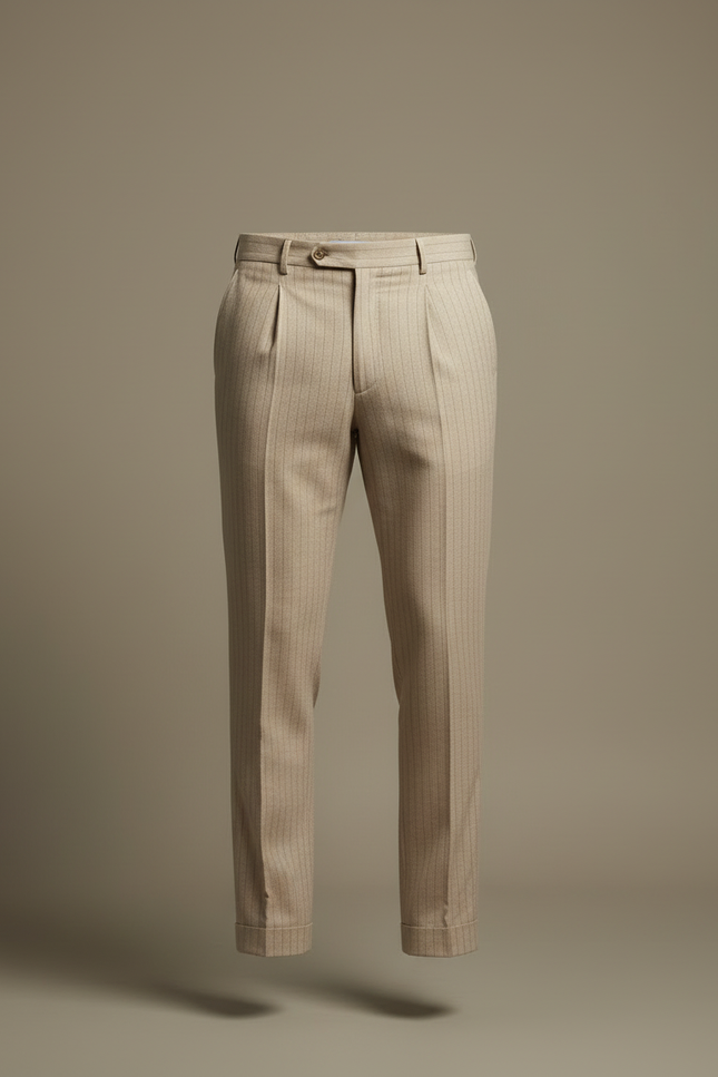 Pantalon Beige Plissé Rayé Élégant Homme - Laine - vue 3