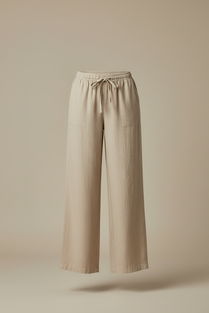 Pantalon Beige Lin Ample Taille Élastique Femme - vue 3
