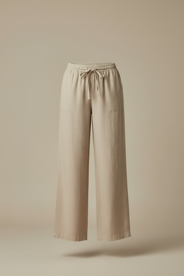 Pantalon Beige Lin Ample Taille Élastique Femme - vue 3