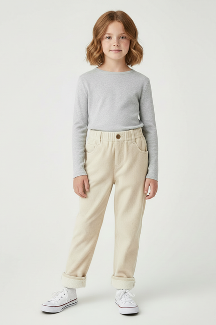 Pantalon Beige Côtelé Ample Enfant Doublé Chaud - Cordé - vue 3