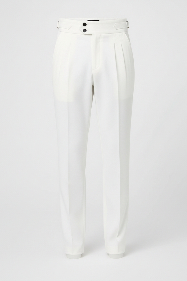 Pantalon Beige Homme Élégant Plissé Taille Haute - Blanc Gabardine - vue 3