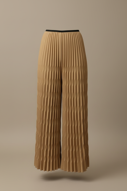 Pantalon Beige Plissé Élastique Large Fluide Femme - Camel Polyester - vue 3