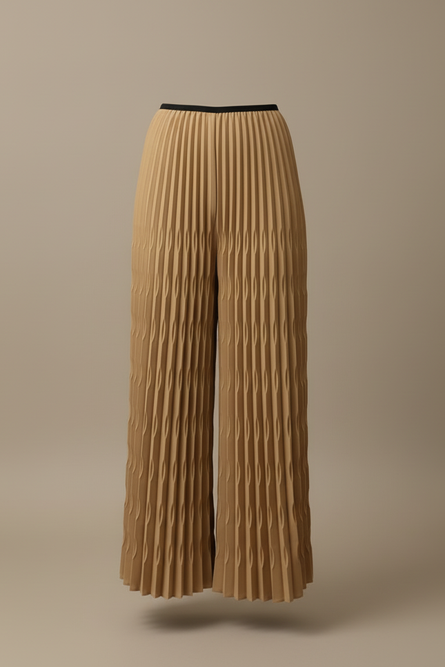 Pantalon Beige Plissé Élastique Large Fluide Femme - Camel Polyester - vue 3