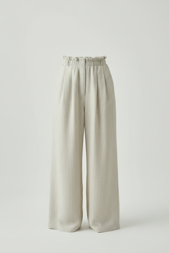 Pantalon Beige Ample Lin Rayé Taille Haute - vue 3