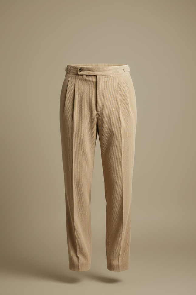 Pantalon Beige Côtelé Plissé Droit Homme Élégant - Cordé - vue 3