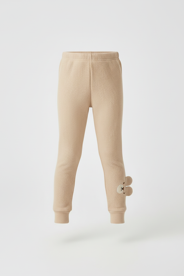 Pantalon Beige Côtelé Élastique Motif Ours Fille - Cordé - vue 3