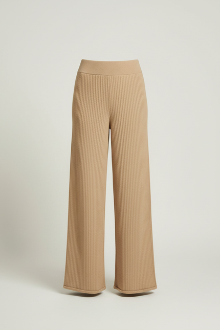 Pantalon Beige Tricoté Côtelé Ample Fluide Élégant - Maille - vue 3