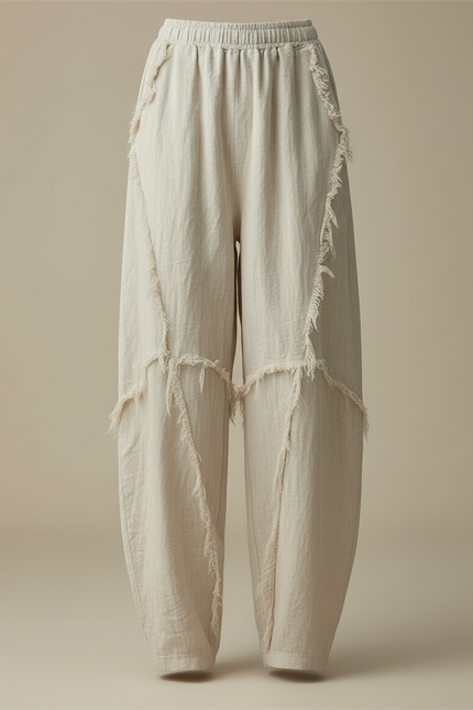 Pantalon Beige Lin Ample Décontracté Franges - vue 3