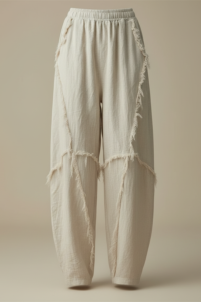 Pantalon Beige Lin Ample Décontracté Franges - vue 3