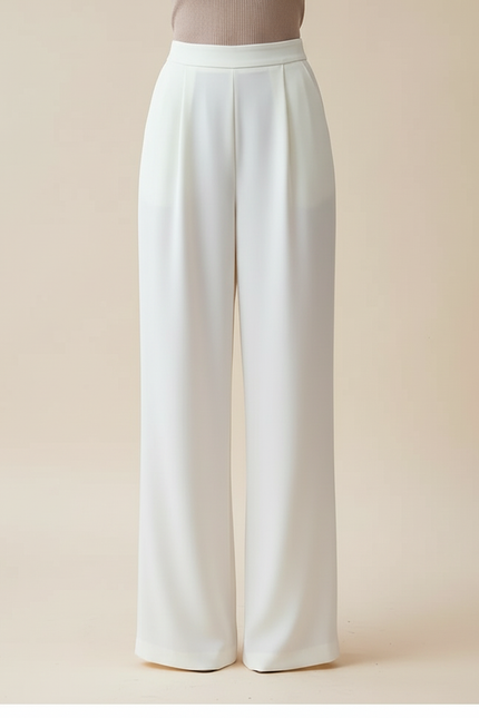 Pantalon Beige Fluide Satiné Ample Taille Haute - Blanc - vue 3