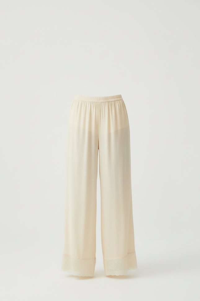 Pantalon Beige Fluide Dentelle Ample Confortable - Viscose - vue 3