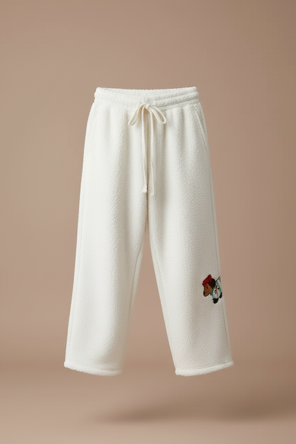 Pantalon Beige Polaire Brodé Chien Ample Hiver - Blanc Molleton - vue 3