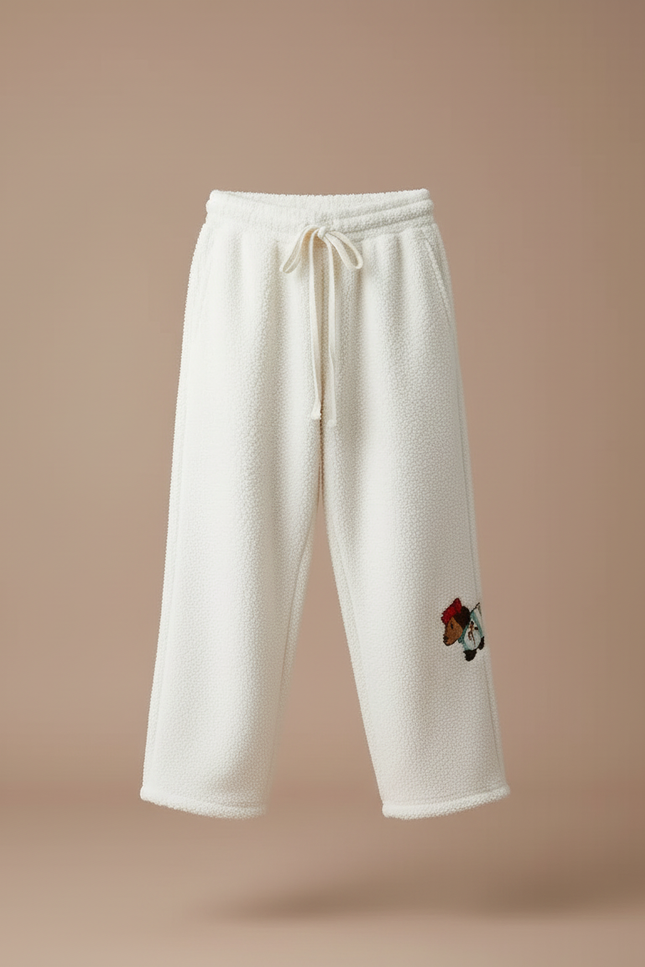 Pantalon Beige Polaire Brodé Chien Ample Hiver - Blanc Molleton - vue 3