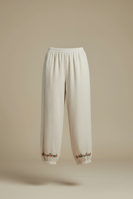 Pantalon Beige Ample Coton Lin Brodé Femme - vue 3