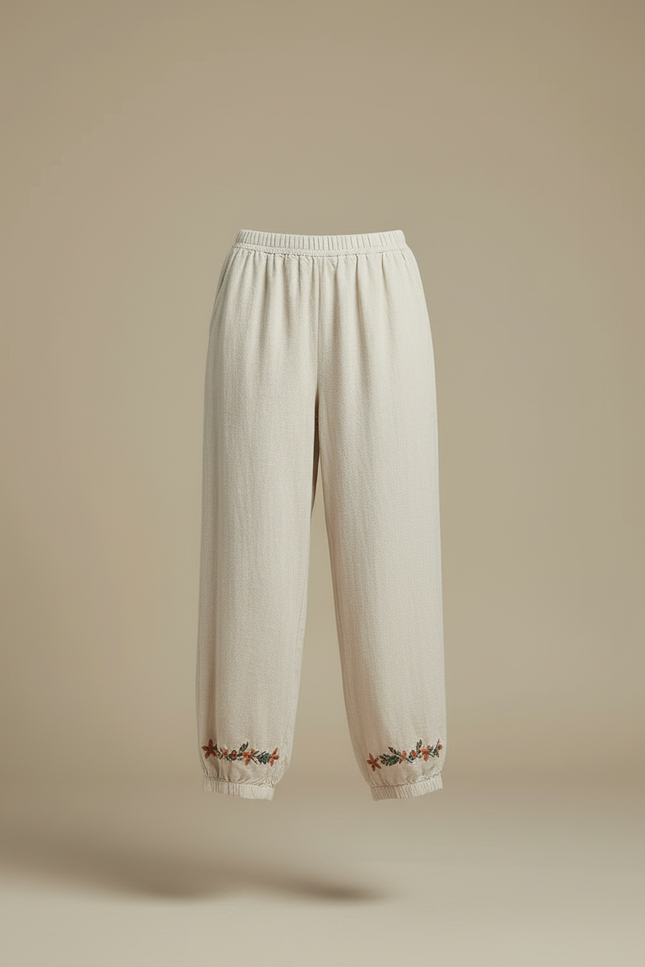 Pantalon Beige Ample Coton Lin Brodé Femme - vue 3
