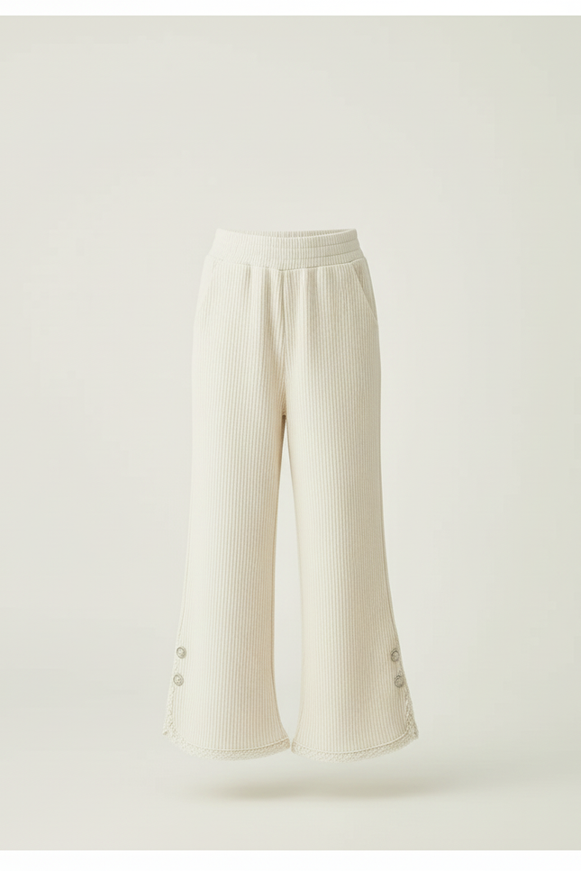 Pantalon Beige Côtelé Ample Évasé Dentelle Fille - Maille - vue 3