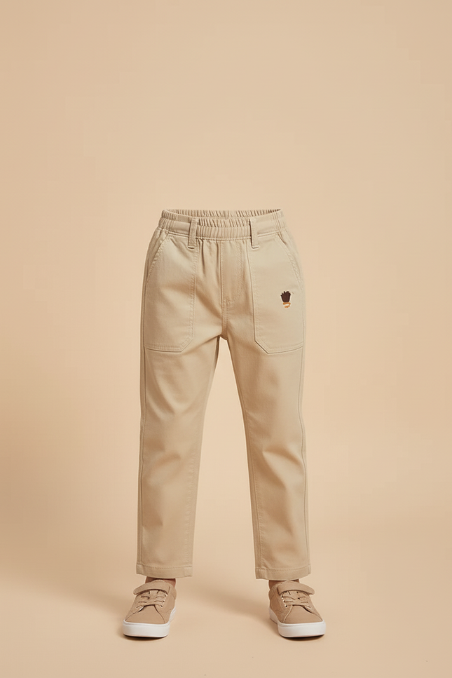 Pantalon Beige Enfant Coton Décontracté Élastique Brodé - vue 3