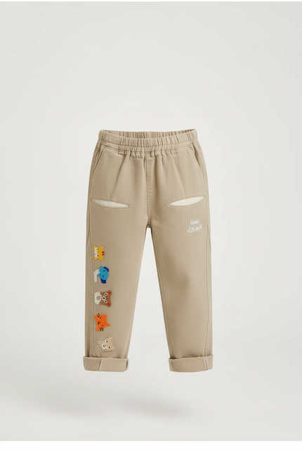 Pantalon Beige Brodé Décontracté Ample Enfant Mignon - Coton - vue 3