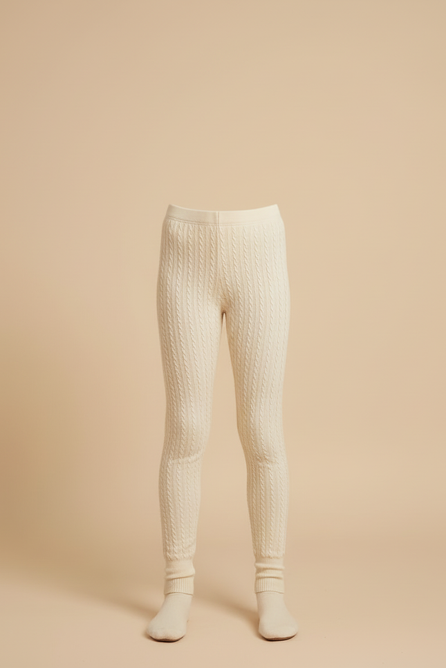 Pantalon Beige Enfant Tricoté Câblé Élastique Hiver Confortable - Maille - vue 3